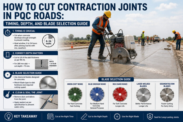 How to Cut Contraction Joints in PQC Roads Timing, Depth, and Blade Selection Guide