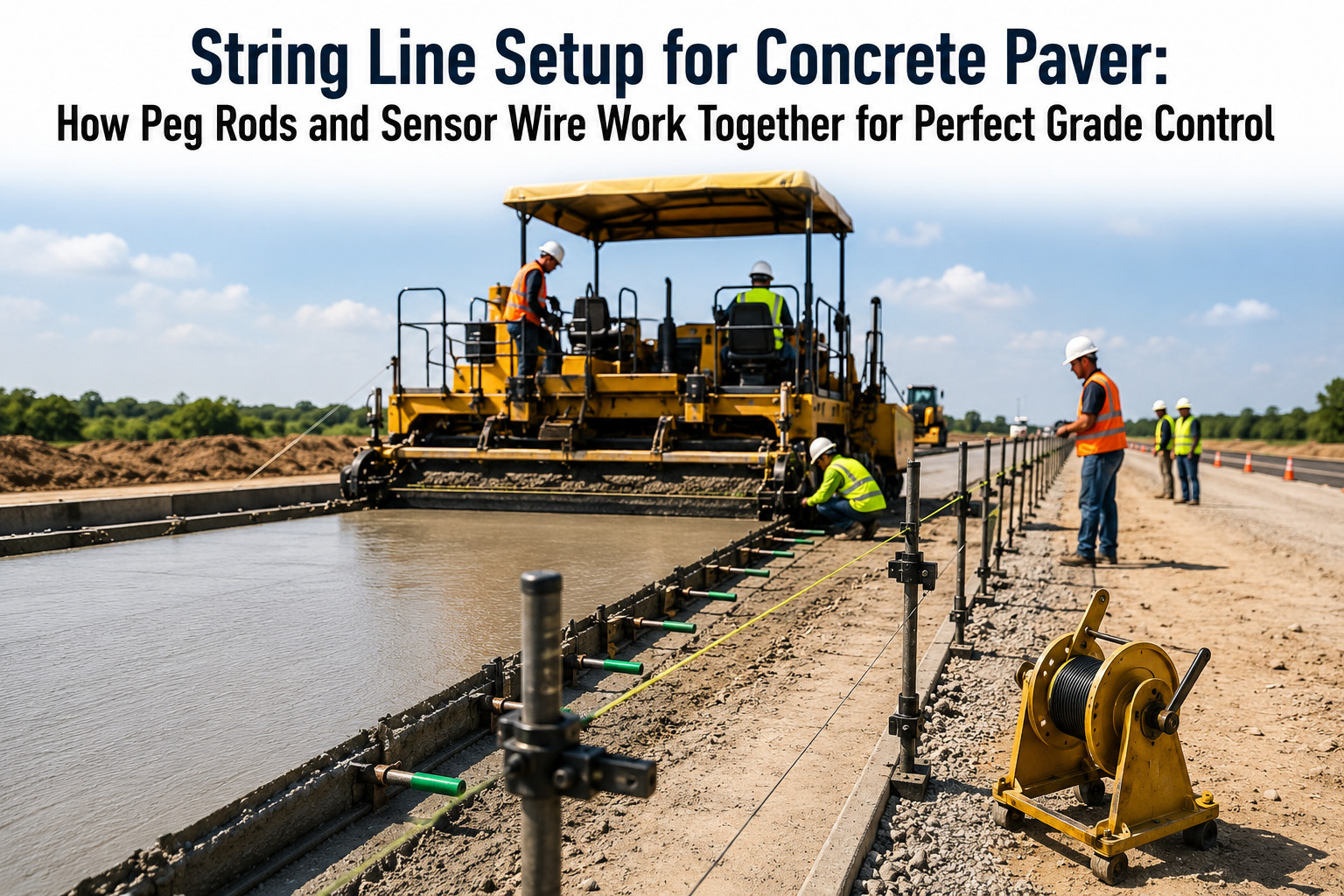 String Line Setup for Concrete Paver How Peg Rods and Sensor Wire Work Together for Perfect Grade Control